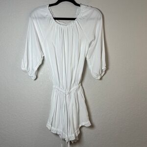 White Ruffle Trim Jumpsuit Romper Drawstring‎ Waist 3/4 Sleeve Casual